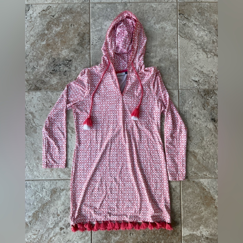 Cabana Life Algarve Hooded Cover Up Dress in Coral Pink/White, size S - Picture 13 of 13